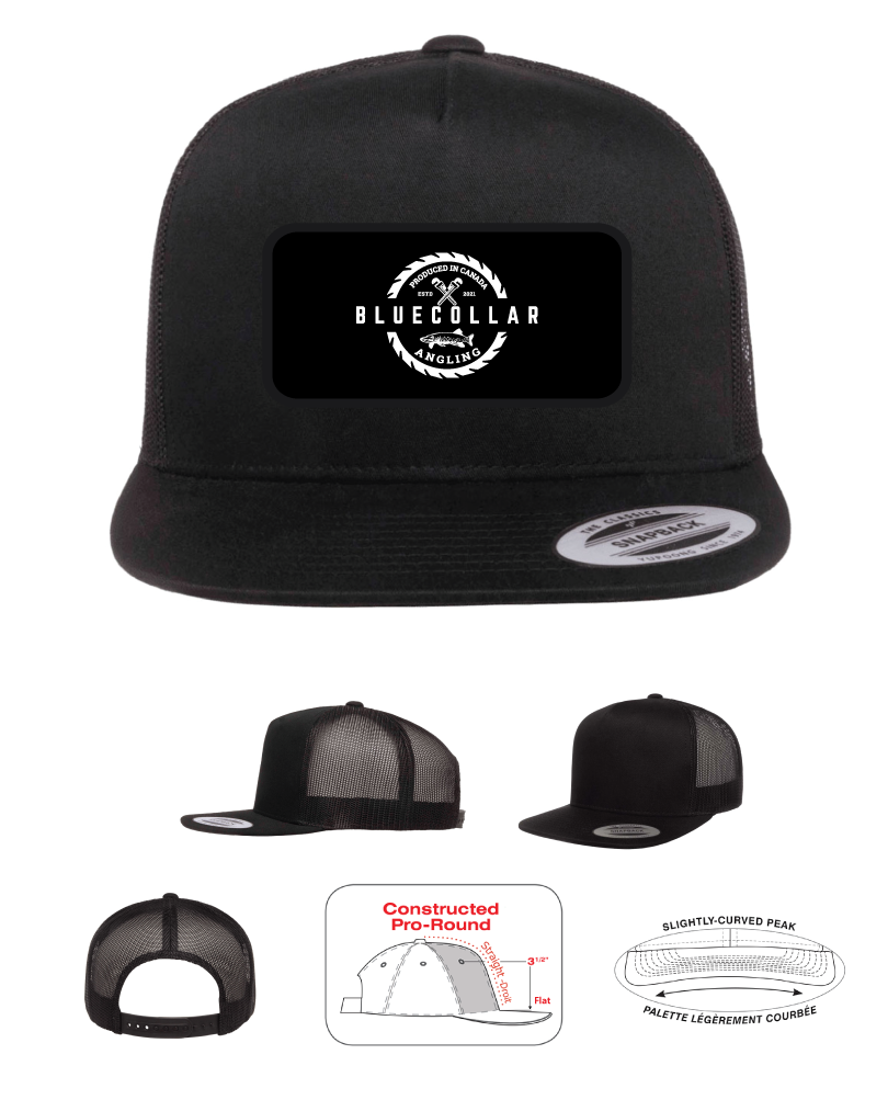 Blue collar angling black patch mesh flat brim