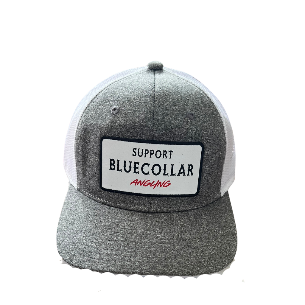 Support Blue Collar Angling Patch on Heather Grey and White hat