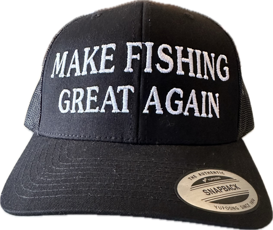 Make fishing great again trucker hat. Black on black mesh white stitch