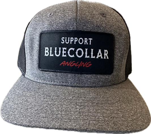 Support blue collar angling trucker hat black patch on heather grey black mesh back