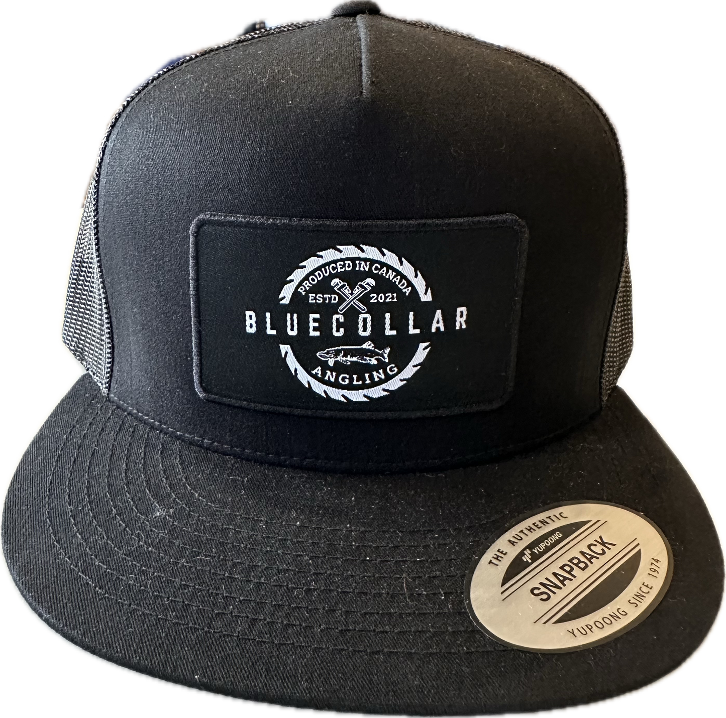 Blue collar angling black patch black on black mesh flat brim