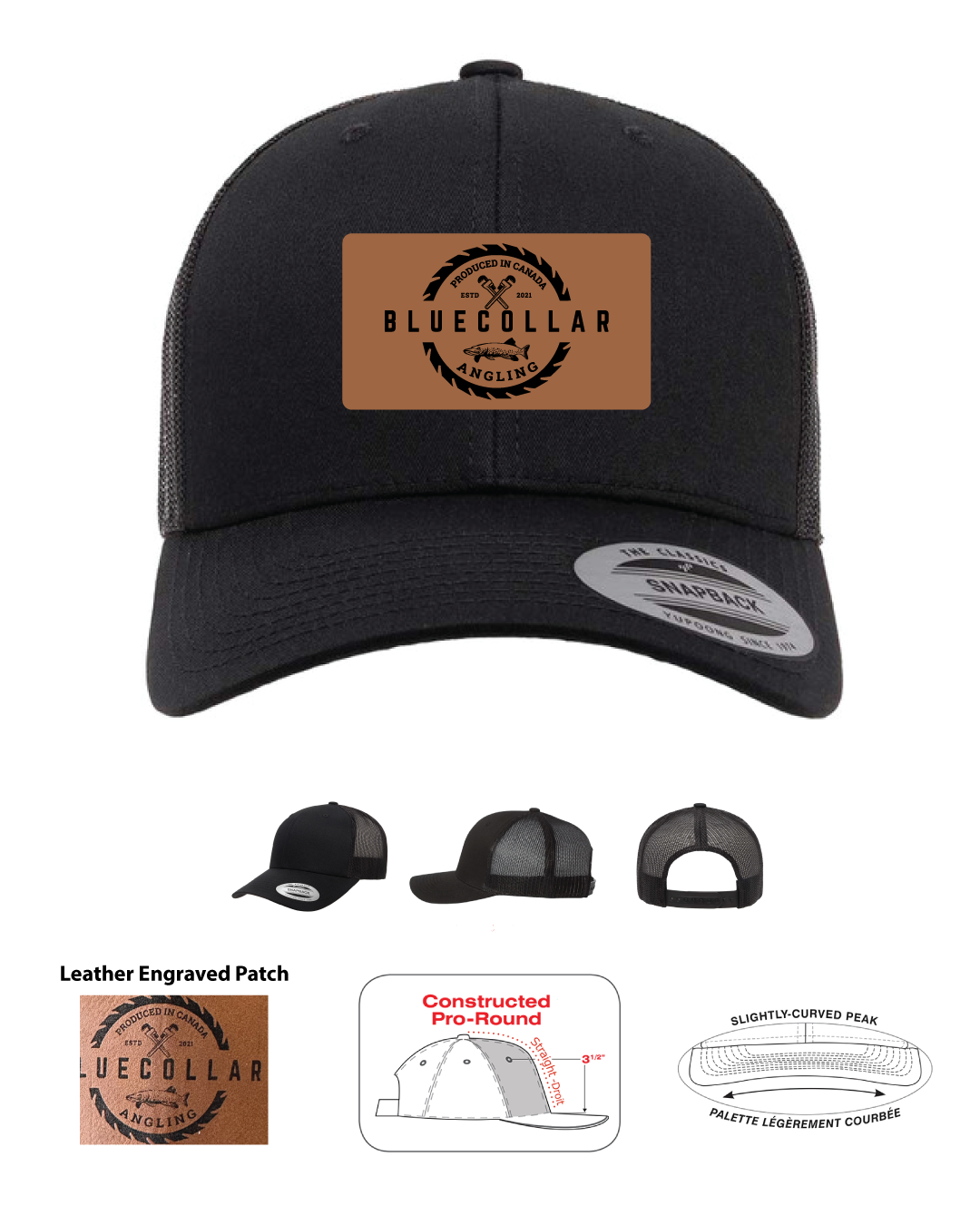 Blue collar angling brown leather patch on black on black trucker hat