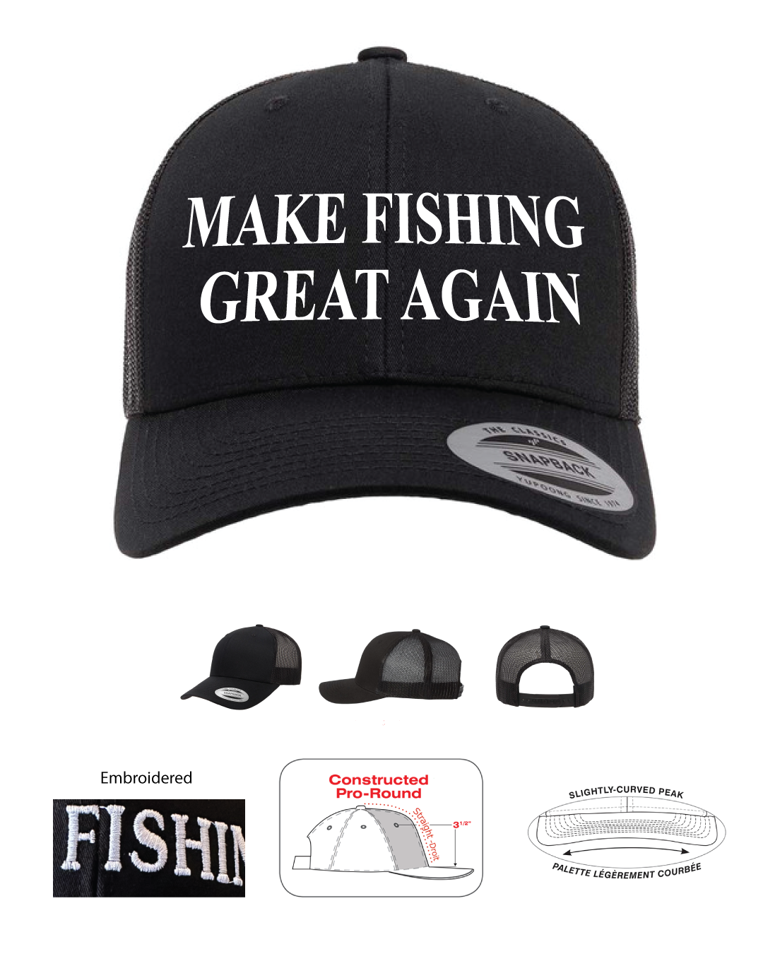 Make fishing great again trucker hat. Black on black mesh white Embroidery