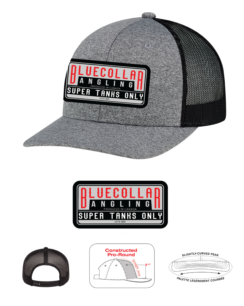 Blue Collar Angling Super Tanks Only patch on Grey Heather and Black hat